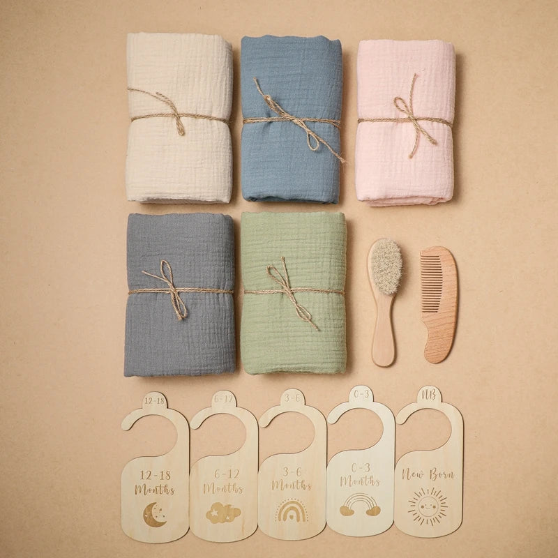 Baby Bathing Mouth Water Towel Pacifier Set Baby Full Moon Milestone Cards Wood Ring Rattle Bath Towel Wool Brush Birthday Gifts