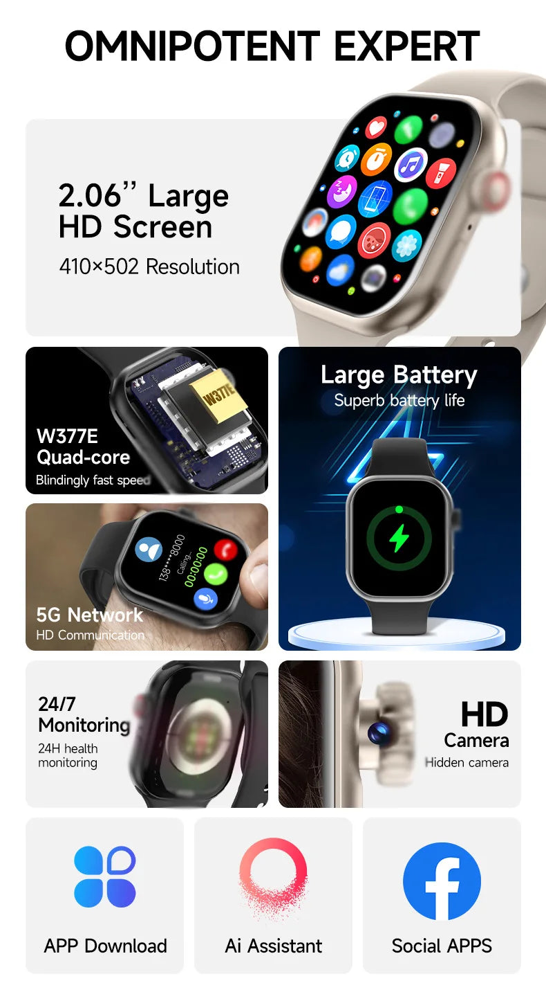 2026 Smart Watch Camera BT Call Heart Rate Fitness Tracker Waterproof iOS Android