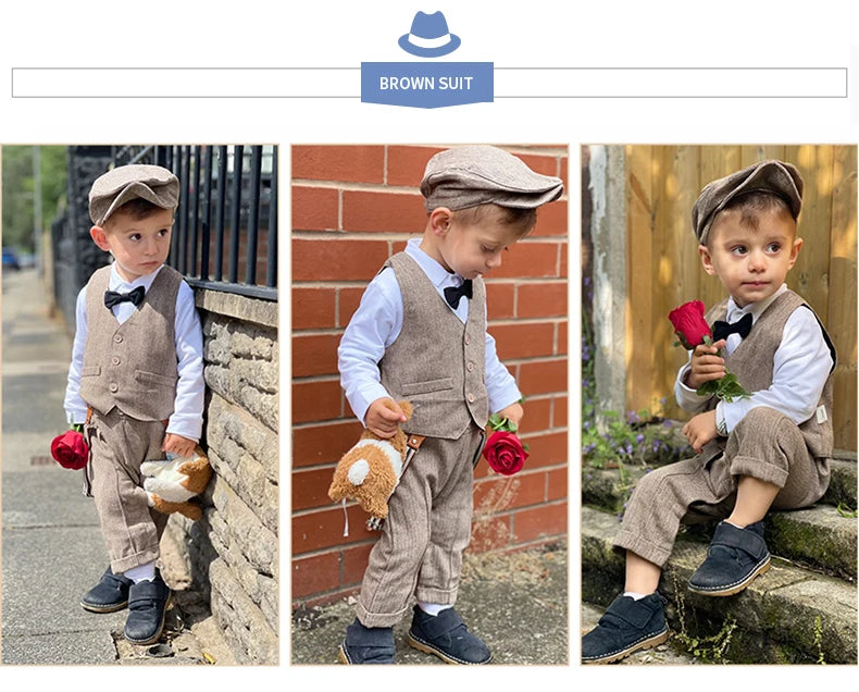 Newborn Boy Formal Clothes Set Infant Boy Gentleman Birthday Romper Outfit With Hat Vest Long Sleeve Infant Jumpsuit Suit Formal