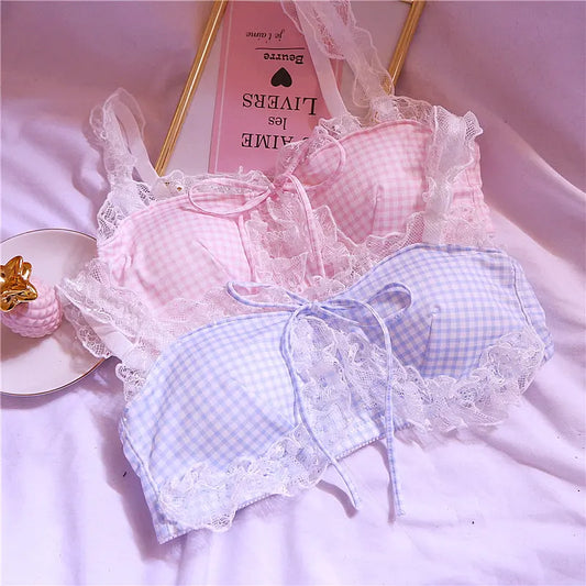 Girl Sweet Cute Wire Free Comfortable Bra Set Animie Lolita Women Underwear Suit Sexy Lace Plaid Kawaii Bra and Panty Set