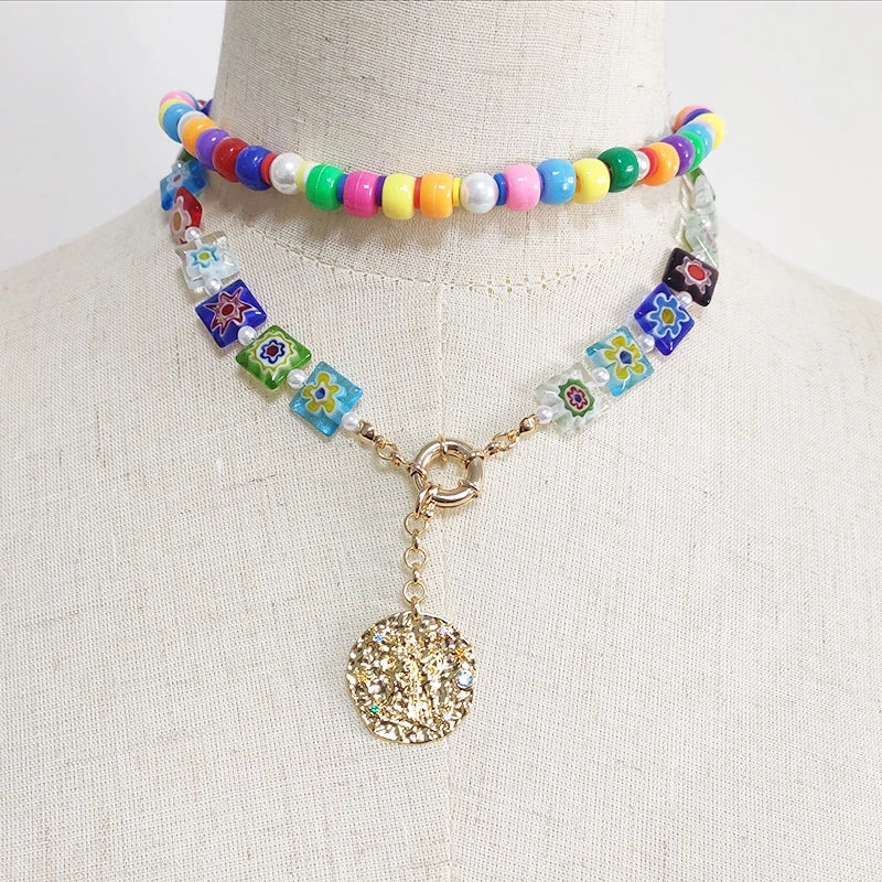 Fashion Rainbow Beads Choker Bohemian Handmade Imitation Pearls Necklace Women Charming Accessories 2022 New Trendy Jewelry