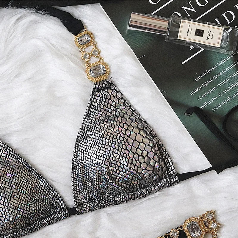 Halter Metal Chains Rhinestone Diamond Bikini Women Swimsuit Female Swimwear Two Pieces Bikini set Brazilian Bathing Suit Swim