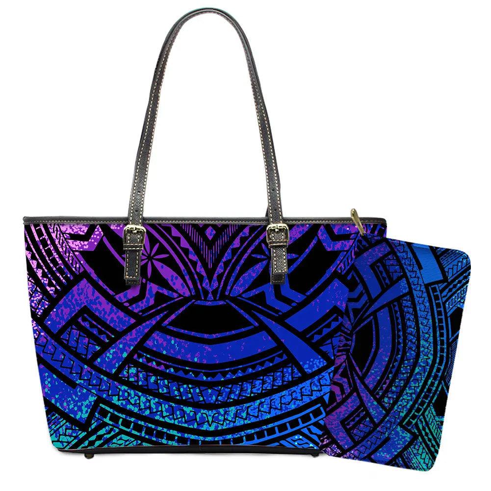 Elegant Polynesian Tribal Hawaii Tropical Leather Purses with Zipper Wallet Luxury Ladies Tote Bag Custom Women's Shoulder Bag