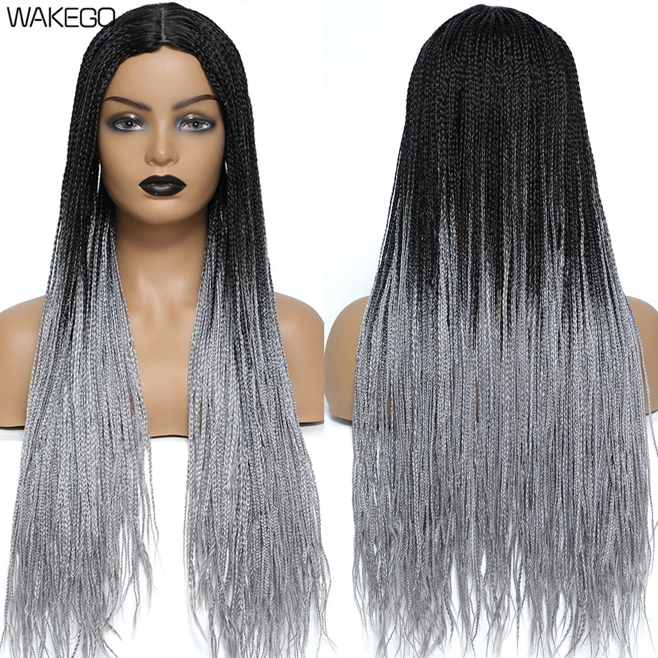 Wakego 26 Inch Ombre Box Braided Wigs For Black Women Braided Wig Fake Scalp Heat Resistant Braiding Hair Wig Peruca Sintetica