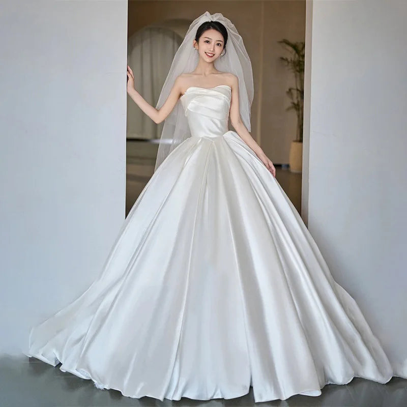 S6615F       Drop Shipping 2025 New Tube Top Satin Bride Senior Texture Main Dress for Women Wedding Party