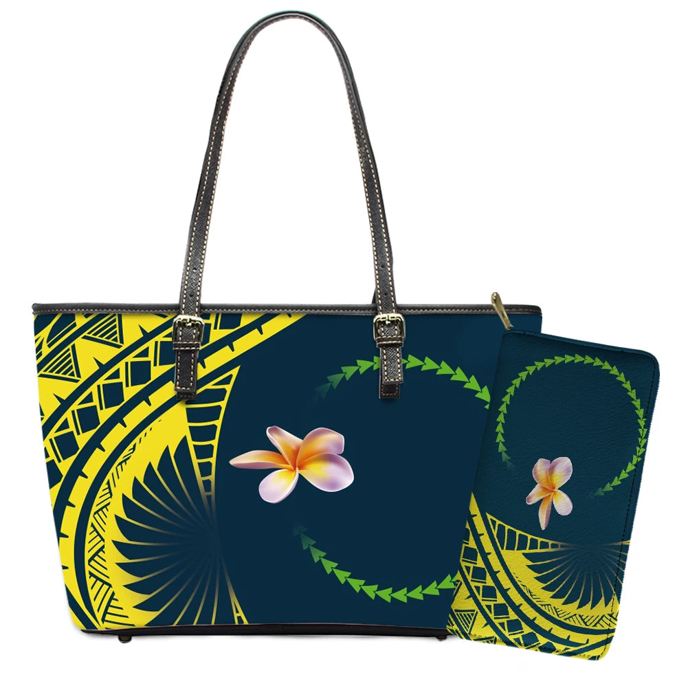 Elegant Polynesian Tribal Hawaii Tropical Leather Purses with Zipper Wallet Luxury Ladies Tote Bag Custom Women's Shoulder Bag
