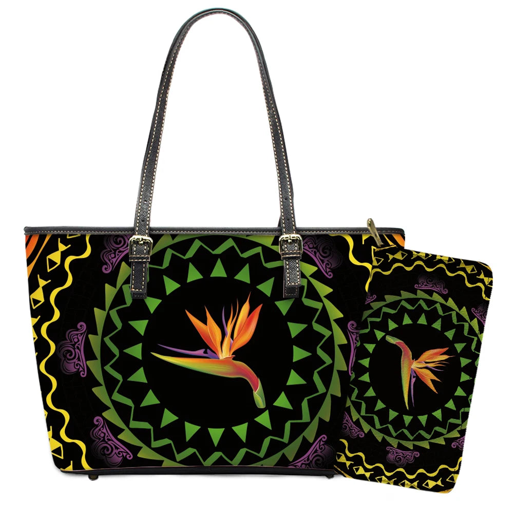 Elegant Polynesian Tribal Hawaii Tropical Leather Purses with Zipper Wallet Luxury Ladies Tote Bag Custom Women's Shoulder Bag