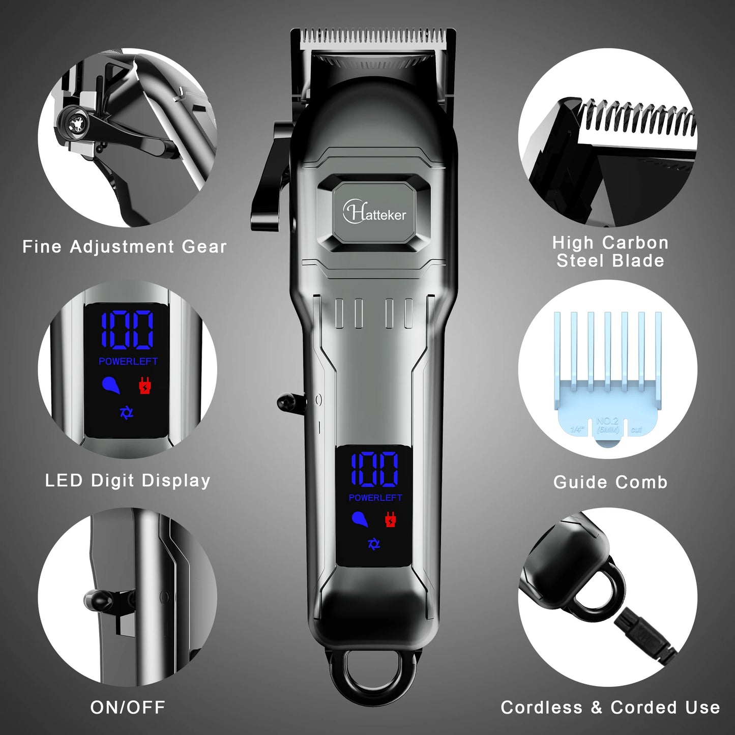 HATTEKER Professional Electric Hair Clipper for Man USB Cordless Hair Trimmer Barber Machine with Hairdressing Set