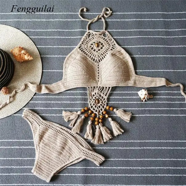 Bikini 2024 Knitting Swimsuit Crochet Bohemia Style Off Shoulder High Neck Bathing Beach Handmade Crochet
