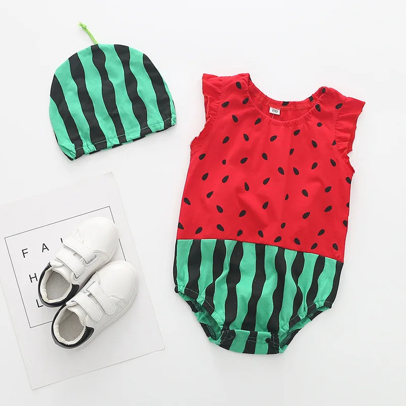 Summer Girl Baby Triangle Bodysuits Baby Cotton Cartoon Watermelon Bee Print Clothes Set Roupas Bebe Menino 0 a 6 Meses