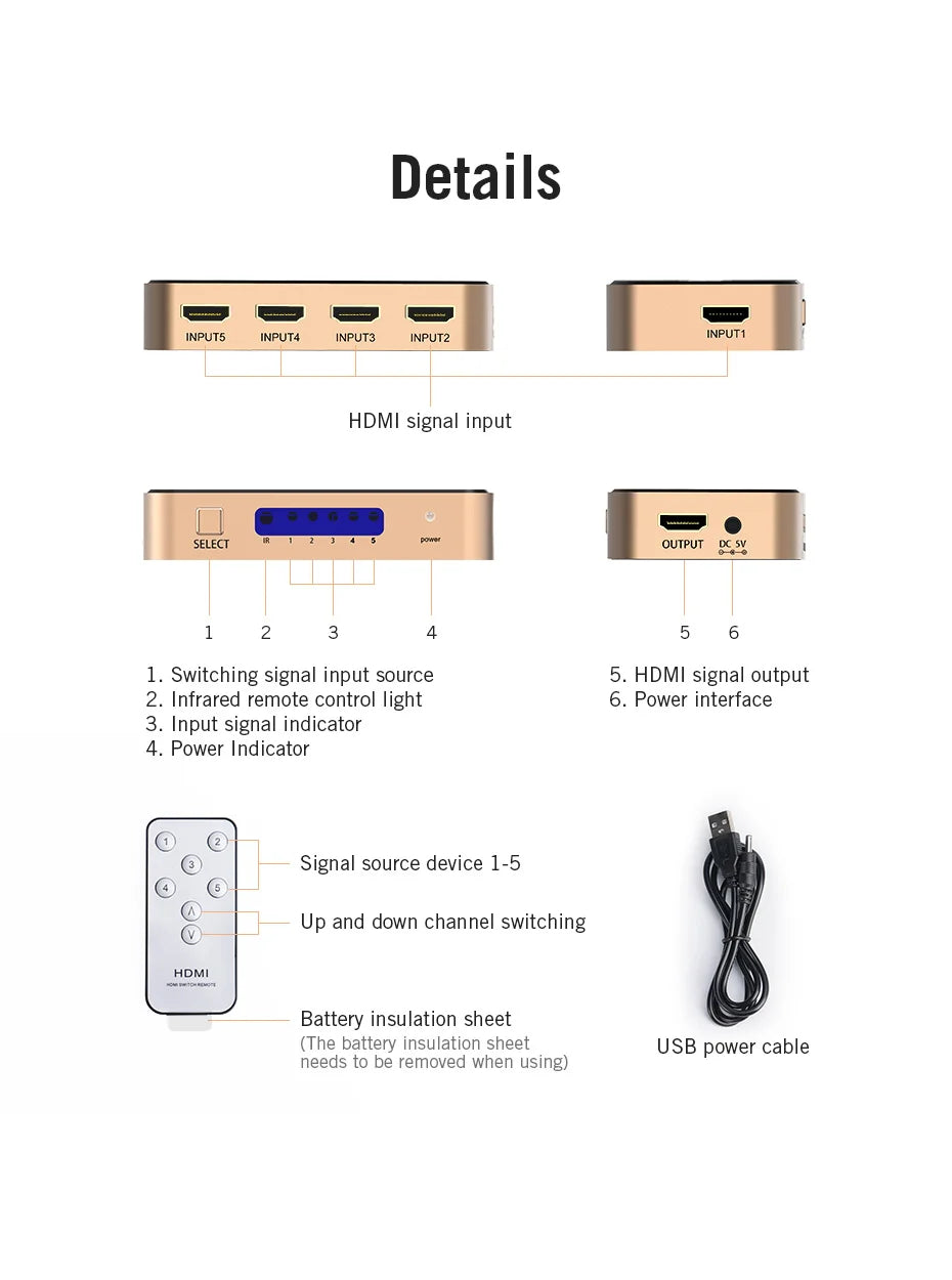 Vention HDMI Splitter 5 Input 1 Output HDMI Switch 5x1 for XBOX 360 PS4 Smart Android HDTV 4K 5 in 1 out HDMI Switcher Adapter