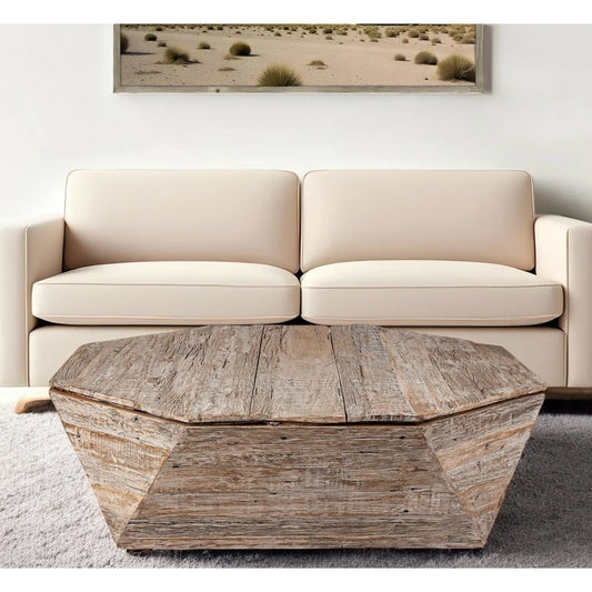 HMS 49\" Natural Wood Octagon Distressed Lift Top Abstract Coffee Table Farmhouse Japanese Style Living Room Furniture Made Oak