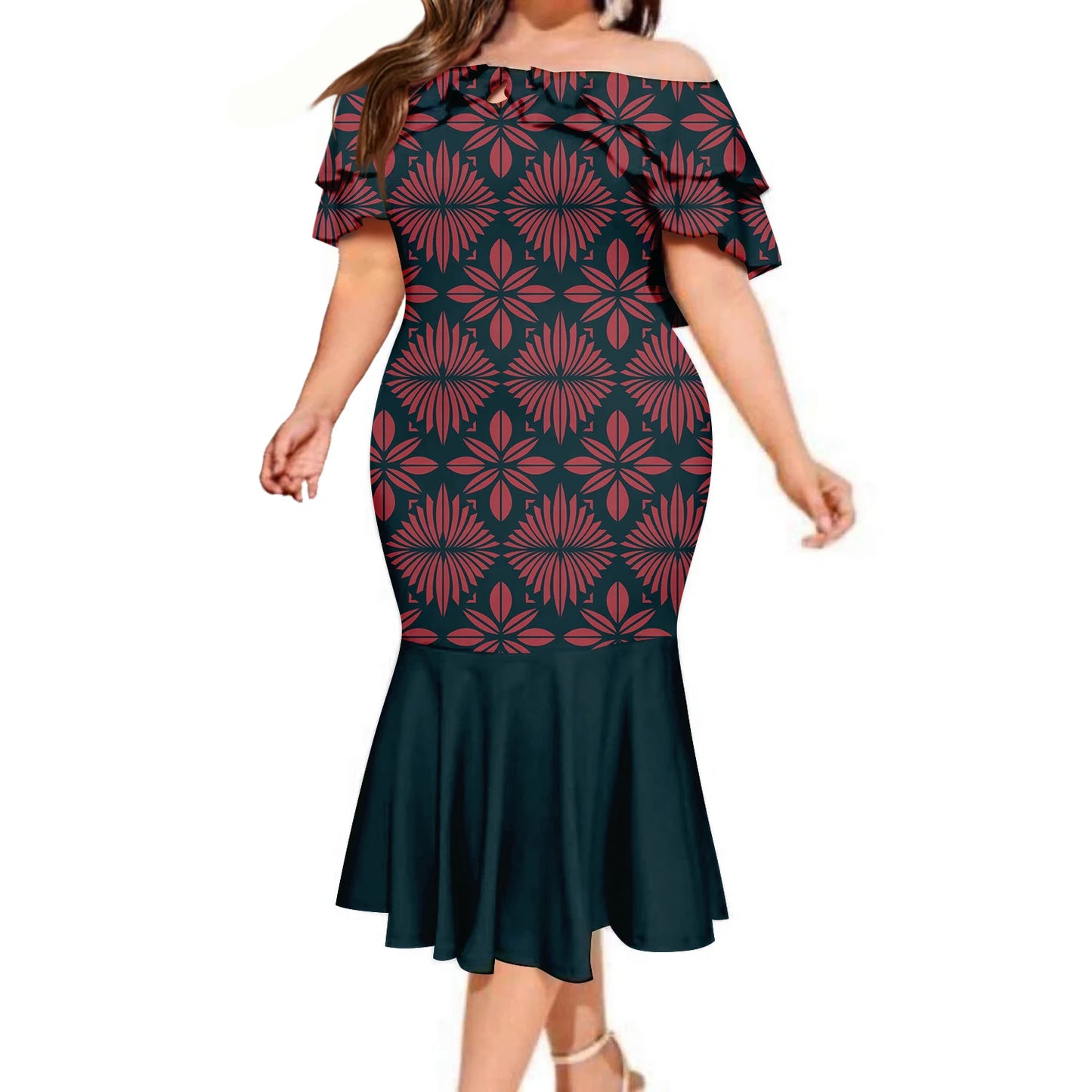 Top Quality Wholesale Custom Polynesian Elei Tribal Design Midi Dresses Tapa Print Mermaid Double Shawl Dress Oversize Vestidos