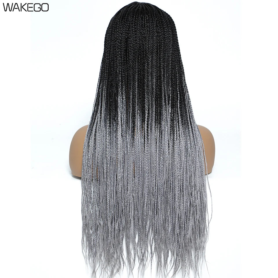 Wakego 26 Inch Ombre Box Braided Wigs For Black Women Braided Wig Fake Scalp Heat Resistant Braiding Hair Wig Peruca Sintetica