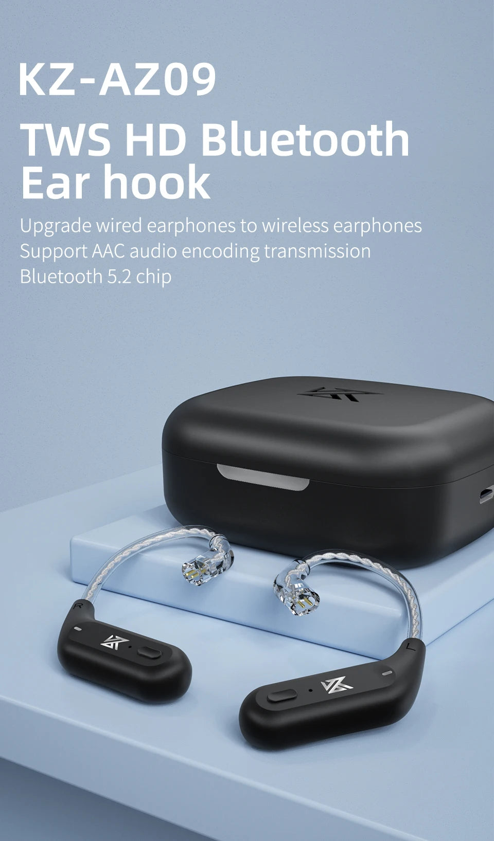 KZ AZ09 HD Bluetooth 5.2 Wireless Upgrade Cable Bluetooth Module HIFI Wireless Ear Hook Connector With Charging Case Z3 S2 Z1PRO