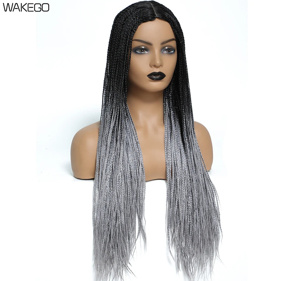 Wakego 26 Inch Ombre Box Braided Wigs For Black Women Braided Wig Fake Scalp Heat Resistant Braiding Hair Wig Peruca Sintetica