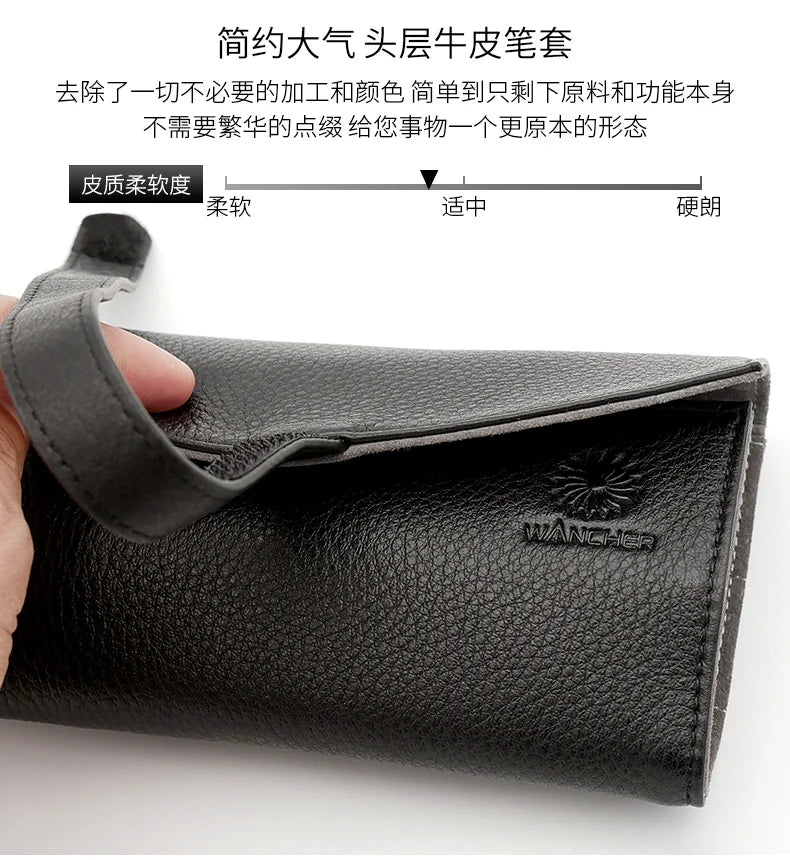 Wancher Genuine Leather Pen Bag 5 Pens Roll Pencil Bag Gift Box Protective Pen Ballpoint Pen Office Accessories Pen Set