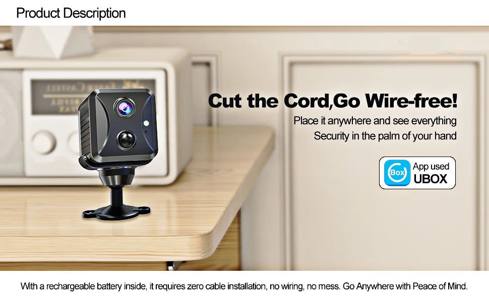 Ubox Indoor Battery Powered 4G SIM Card Mini Size Camera 2MP 2400mAh Security CCTV PIR Motion Alarm Video TF Card Network Camera