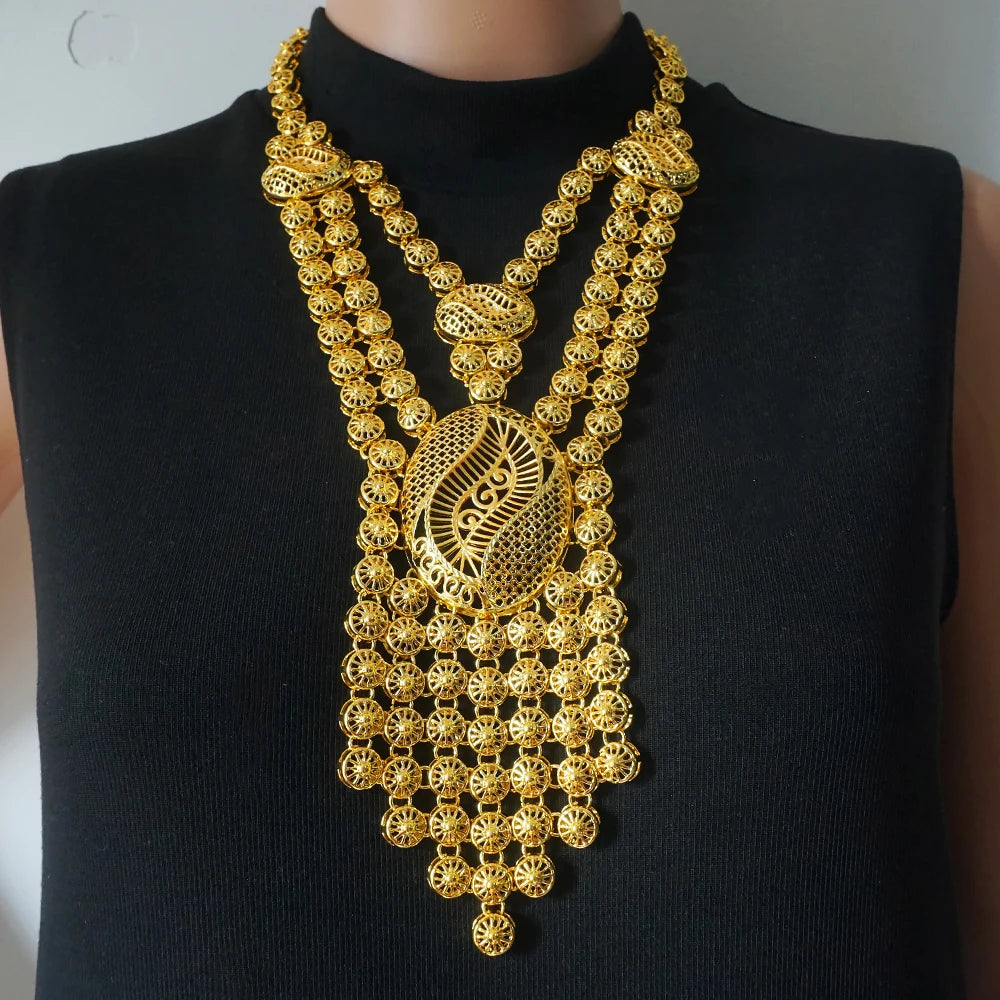 African Gold Color Long Necklace/Earrings/Ring Big Jewelry Set Women Arab Jewelry Wedding Accessories