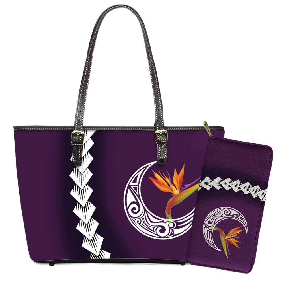 Elegant Polynesian Tribal Hawaii Tropical Leather Purses with Zipper Wallet Luxury Ladies Tote Bag Custom Women's Shoulder Bag