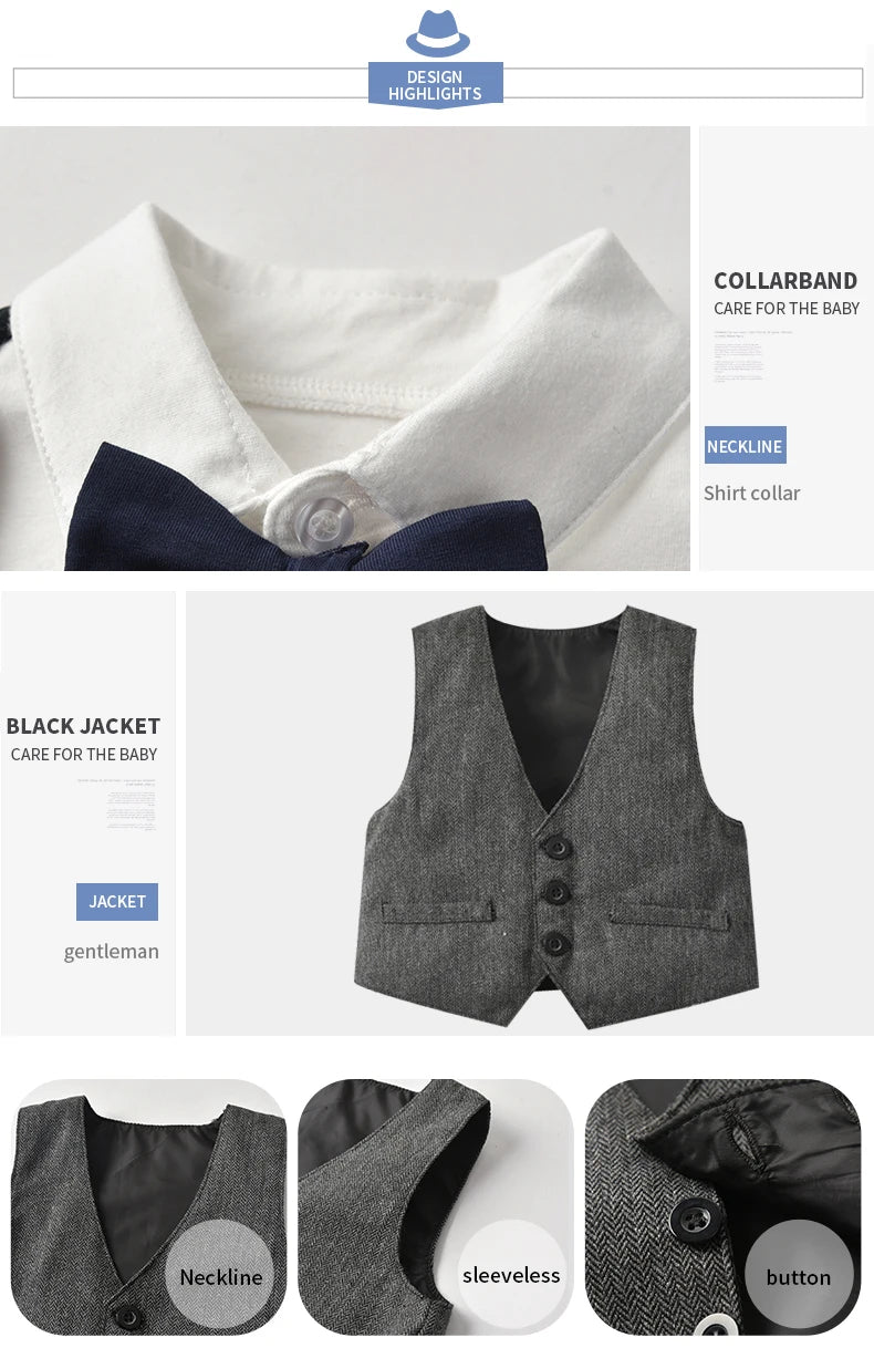 Newborn Boy Formal Clothes Set Infant Boy Gentleman Birthday Romper Outfit With Hat Vest Long Sleeve Infant Jumpsuit Suit Formal