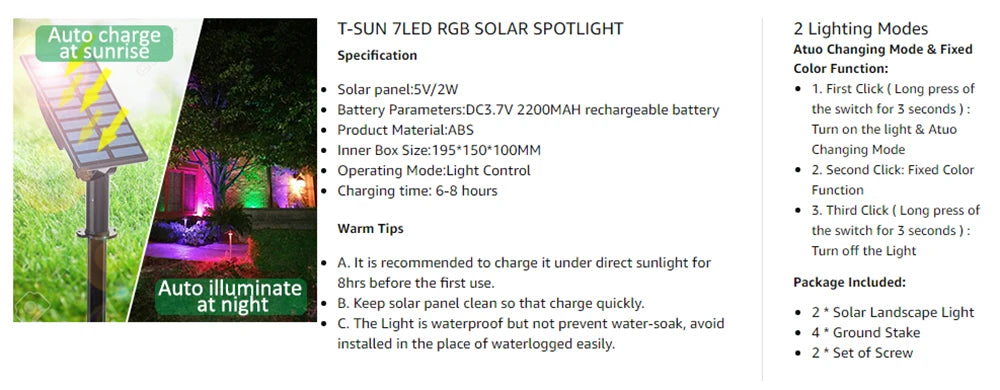 T-SUN 7LEDS Solar Spotlight IP65 Waterproof Solar Garden Light Solar Wall Light Solar Light With Fixed Color Solar Lamp Outdoor