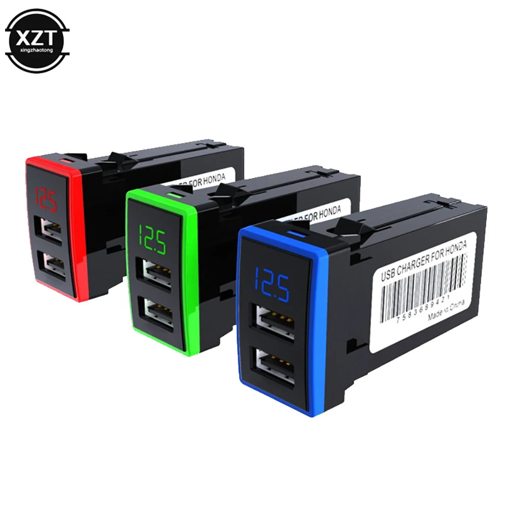 QC3.0 12V Dual USB Car Charger LED Voltmeter Power Adapter With Digital Voltage Display For HONDA