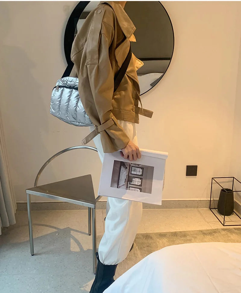 Luxury Space Cotton Shoulder Bags For Women 2021 Winter Crossbody Down Bag Designer Handbag Wide Shoulder Strap Messenger Pack가방