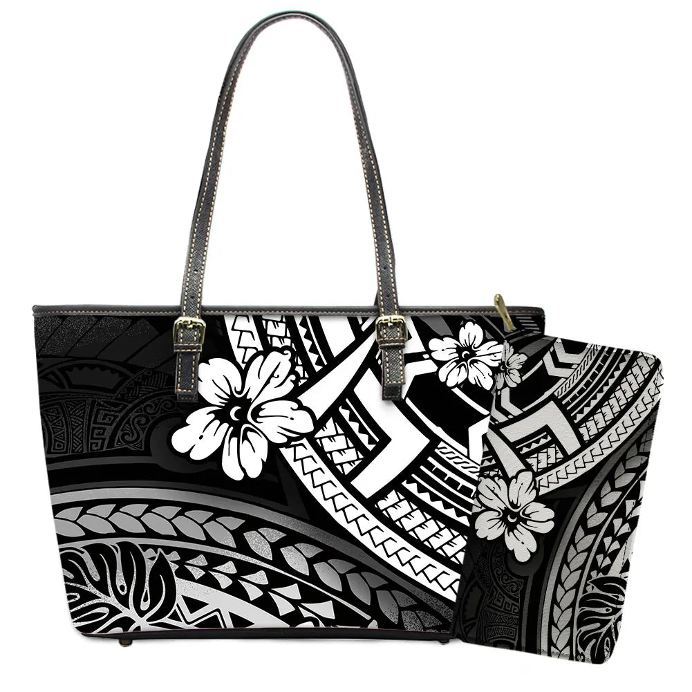 Elegant Polynesian Tribal Hawaii Tropical Leather Purses with Zipper Wallet Luxury Ladies Tote Bag Custom Women's Shoulder Bag