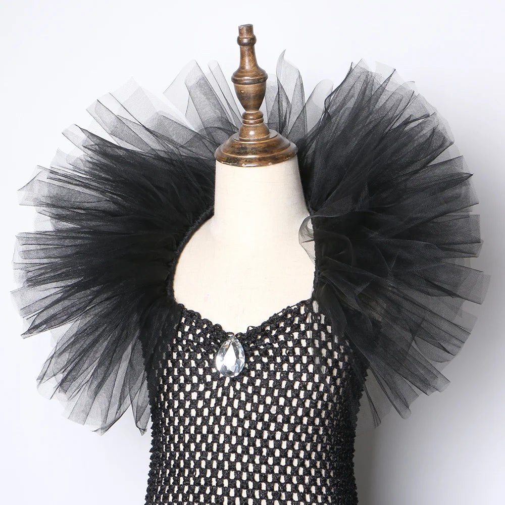 Girls Black Evil Queen Maleficent Tutu Dress Horns Wings Dark Witch Cosplay Carnival Halloween Costume for Kids Fancy Clothes