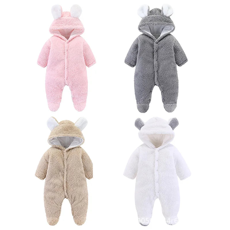 Winter Newborn Infant Toddler Boys Girls Cartoon Bear Footed Jumpsuit Baby Coral Fleece Hooded Romper