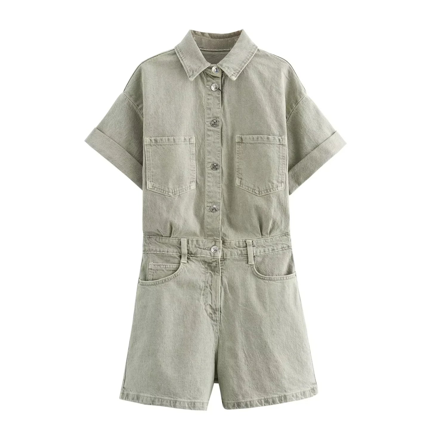 KP&ZA Vintage Summer Women's Casual Slim Denim Overalls Washed Technique Waist Solid 1879039 Rolled Sleeve Lapel Button