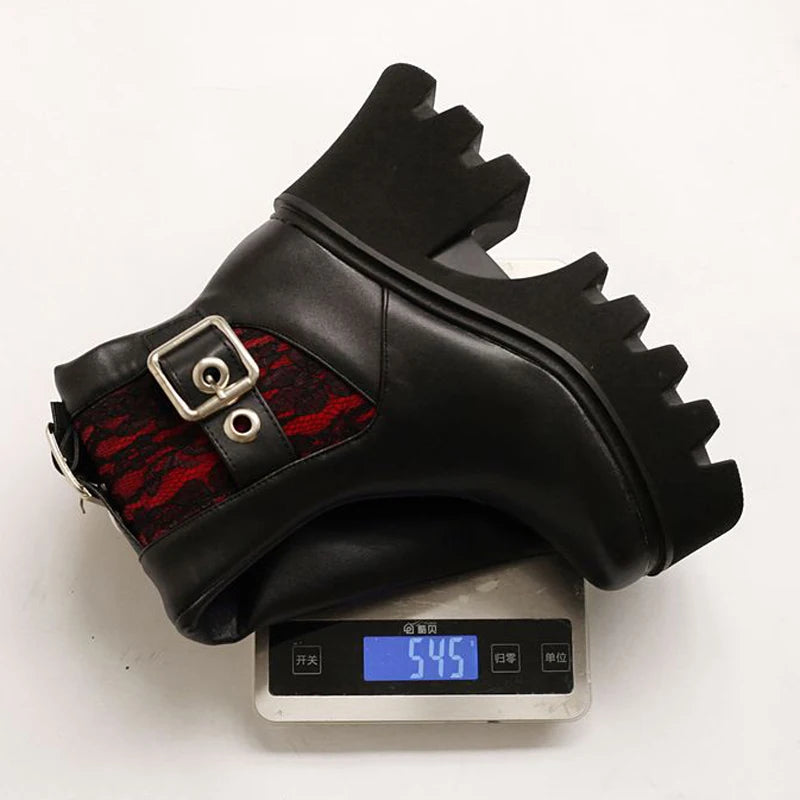 Metal Buckles Chunky Heels Women Knee High Boots Thick Sole Square Toe Long Booties Side Zipper Platform Lace Patchwork Shoes