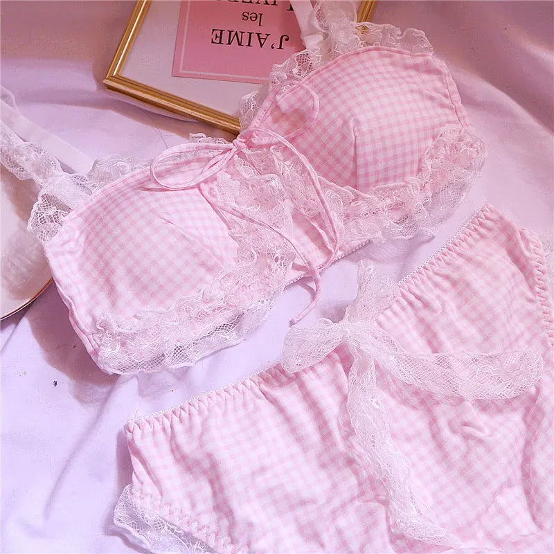 Girl Sweet Cute Wire Free Comfortable Bra Set Animie Lolita Women Underwear Suit Sexy Lace Plaid Kawaii Bra and Panty Set