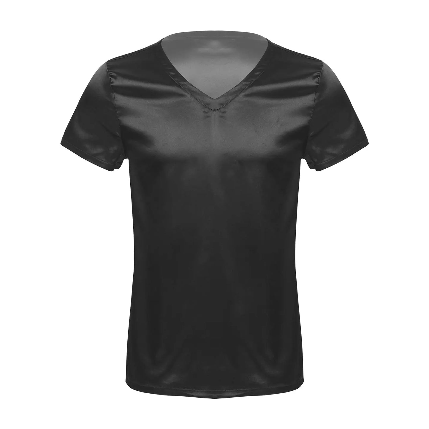 Mens Male Clothing V Neck Short Sleeve Satin Casual Comfortable T-Shirt Loose Pajamas Tops Loungewear Sleepwear Nightwear