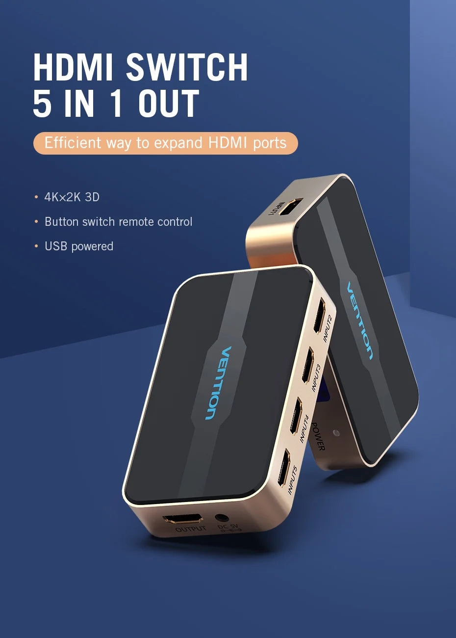 Vention HDMI Splitter 5 Input 1 Output HDMI Switch 5x1 for XBOX 360 PS4 Smart Android HDTV 4K 5 in 1 out HDMI Switcher Adapter
