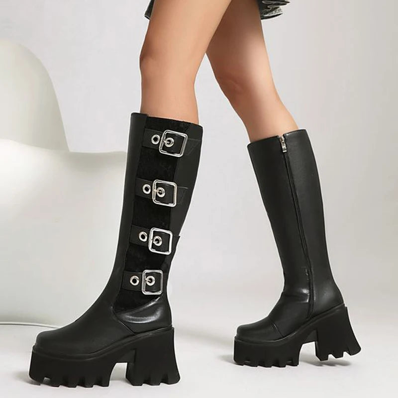 Metal Buckles Chunky Heels Women Knee High Boots Thick Sole Square Toe Long Booties Side Zipper Platform Lace Patchwork Shoes