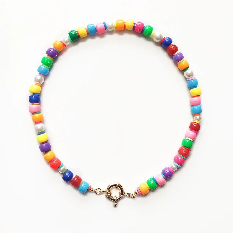 Fashion Rainbow Beads Choker Bohemian Handmade Imitation Pearls Necklace Women Charming Accessories 2022 New Trendy Jewelry