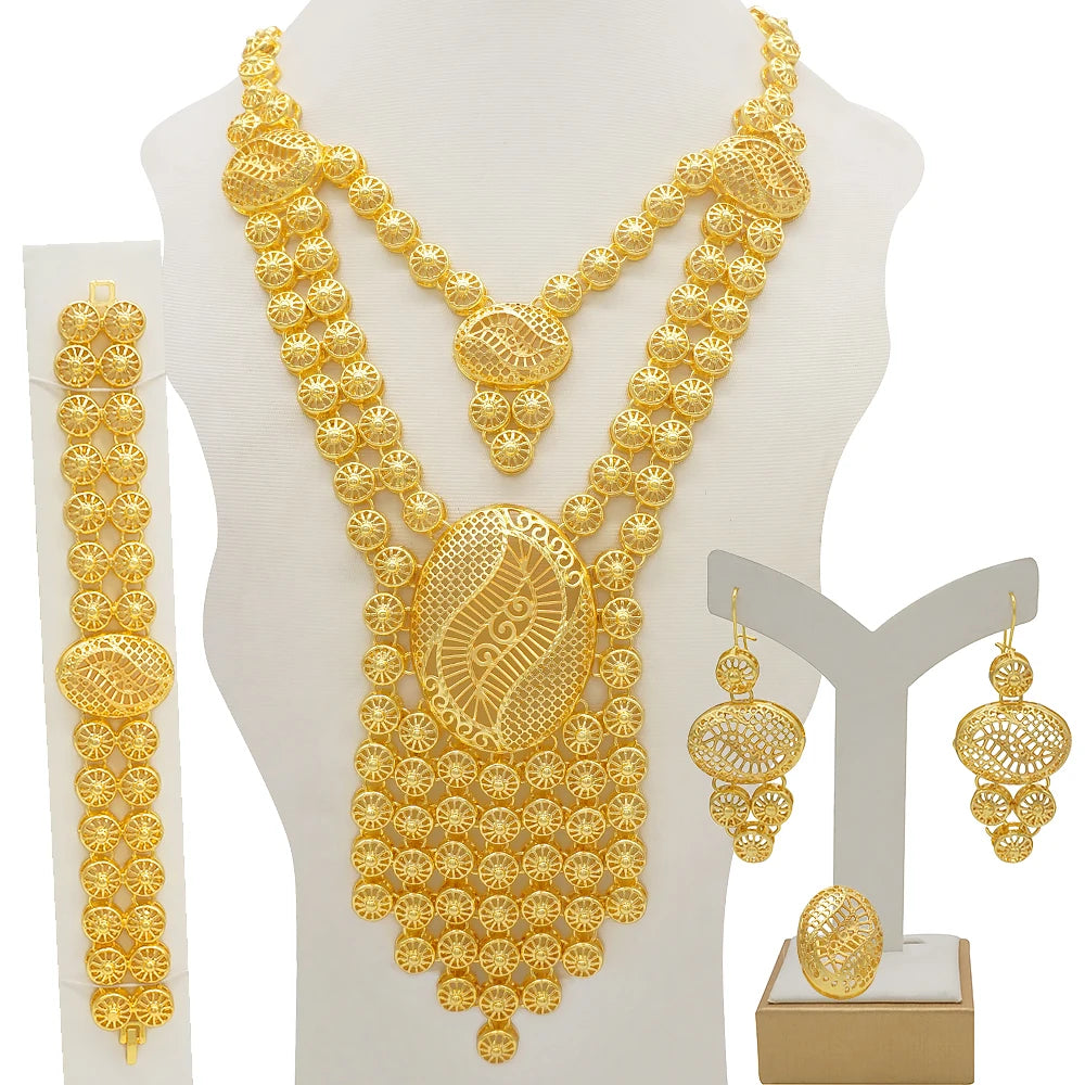 African Gold Color Long Necklace/Earrings/Ring Big Jewelry Set Women Arab Jewelry Wedding Accessories