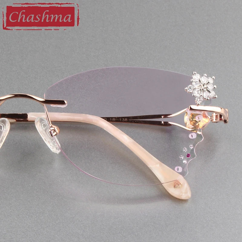 Butterfly Female Eye Glasses Titanium Gray Red Lens Diamond Trimmed Rimless Spectacle Frames Women Sunglasses Tint Lenses