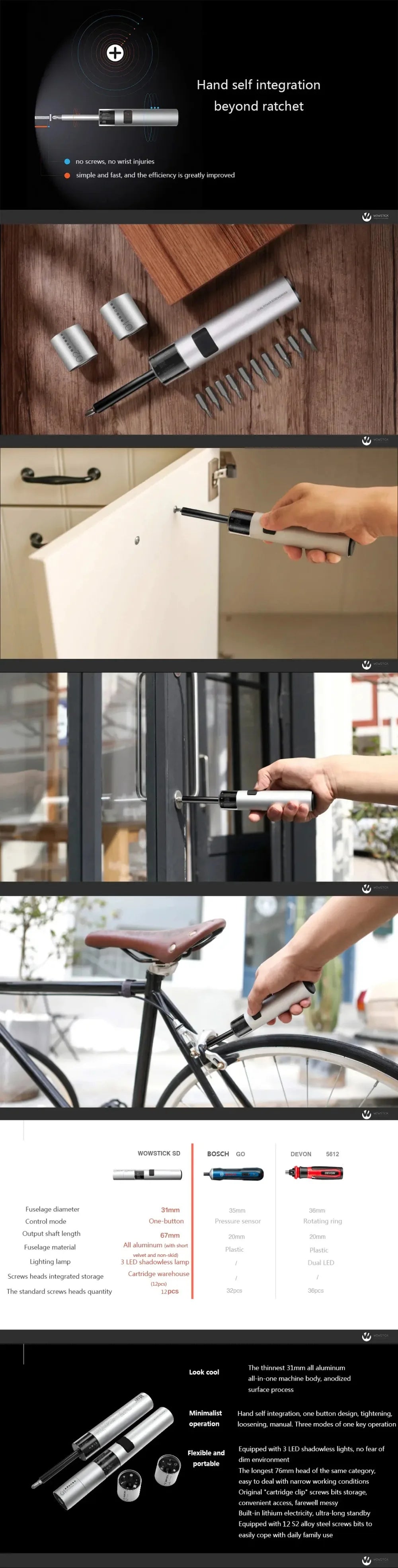 Wowstick 12 in 1 Dual Power Lithium Electric Screwdriver 3LED Lights Rechargeable Screw Driver Kit Magnetic Suction One Button