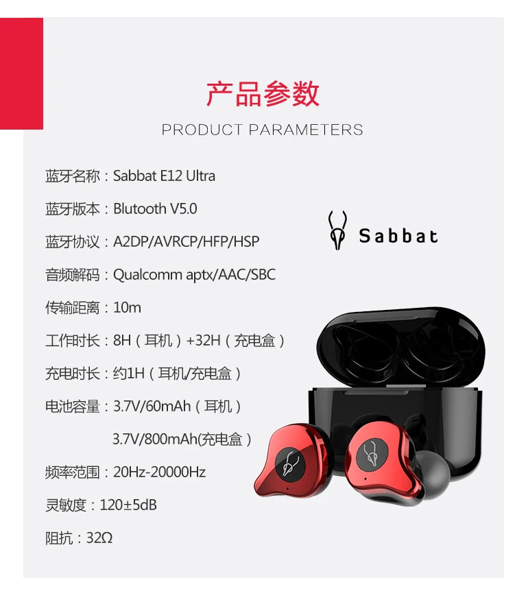 Sabbat E12 Ultra Bluetooth Earbuds 5.0 TWS Bluetooth Earphone Sports In-Ear Earbuds Waterproof Headset Wireless Charging pk G12