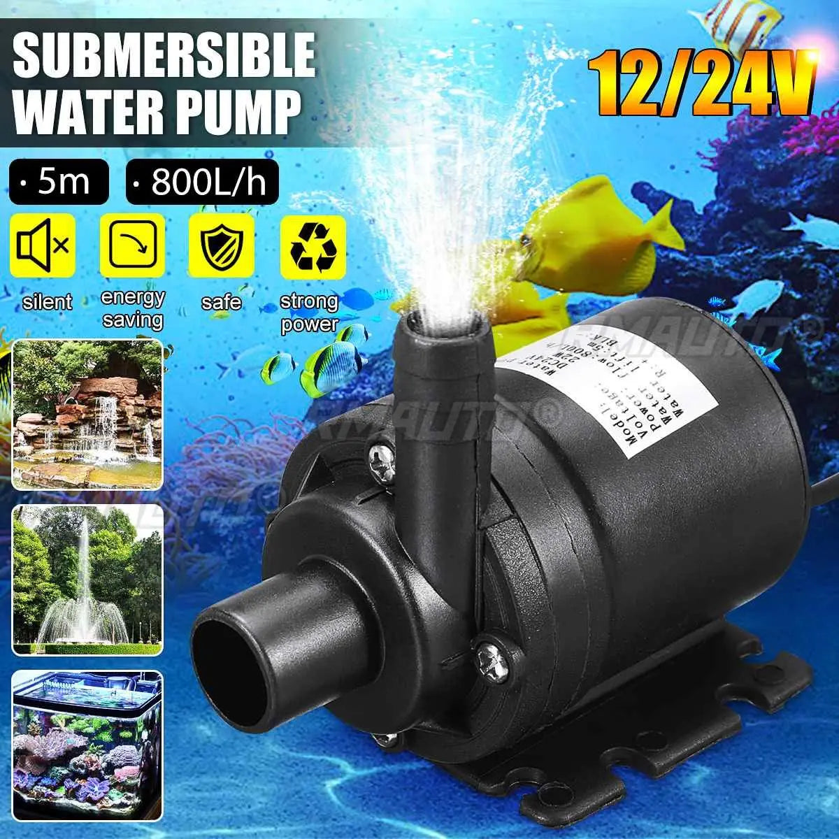 DC 12V/24V Circulation Water Pump 5M 800L/H Submersible Solar Brushless Motor for Cooling System Fountains Heater