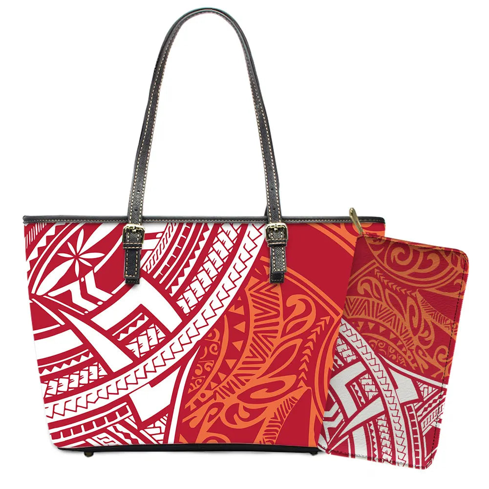 Elegant Polynesian Tribal Hawaii Tropical Leather Purses with Zipper Wallet Luxury Ladies Tote Bag Custom Women's Shoulder Bag