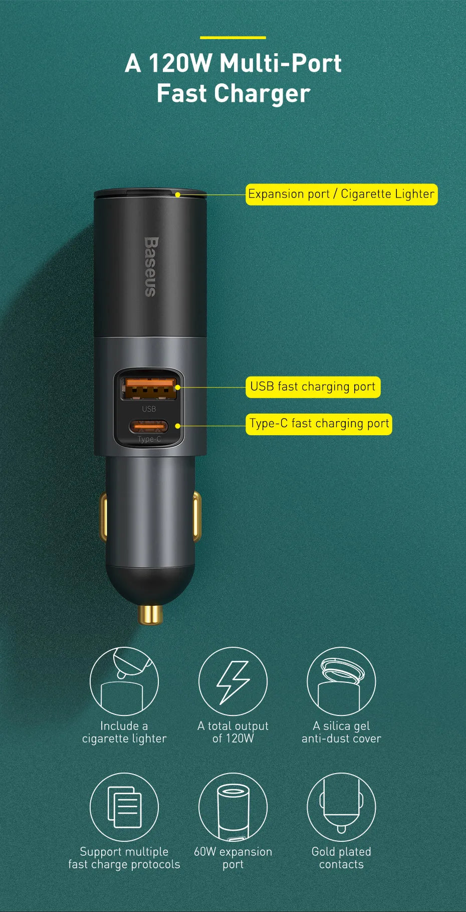 Baseus 120W Car Phone Charger Quick Charge QC 4.0 3.0 Dual USB Type C Expand Charger Adapter For iPhone Xiaomi Samsung Huawei