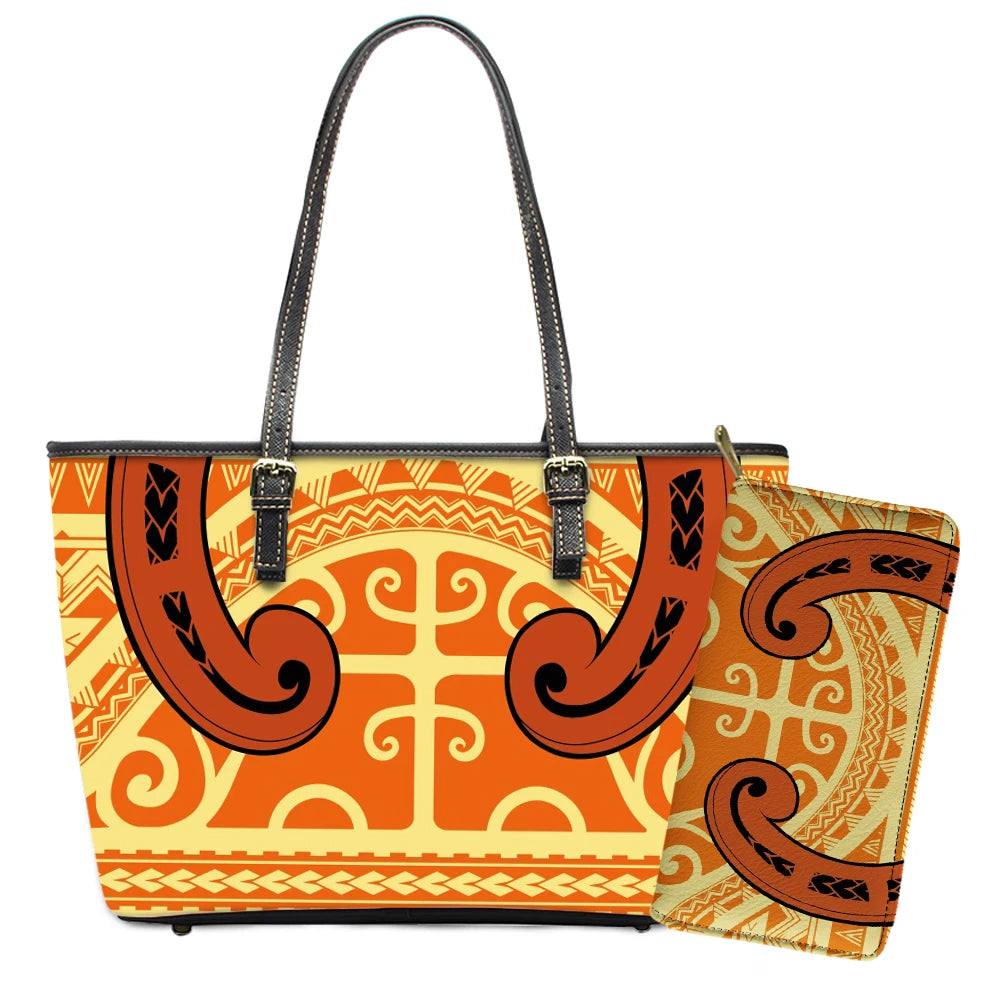 Elegant Polynesian Tribal Hawaii Tropical Leather Purses with Zipper Wallet Luxury Ladies Tote Bag Custom Women's Shoulder Bag