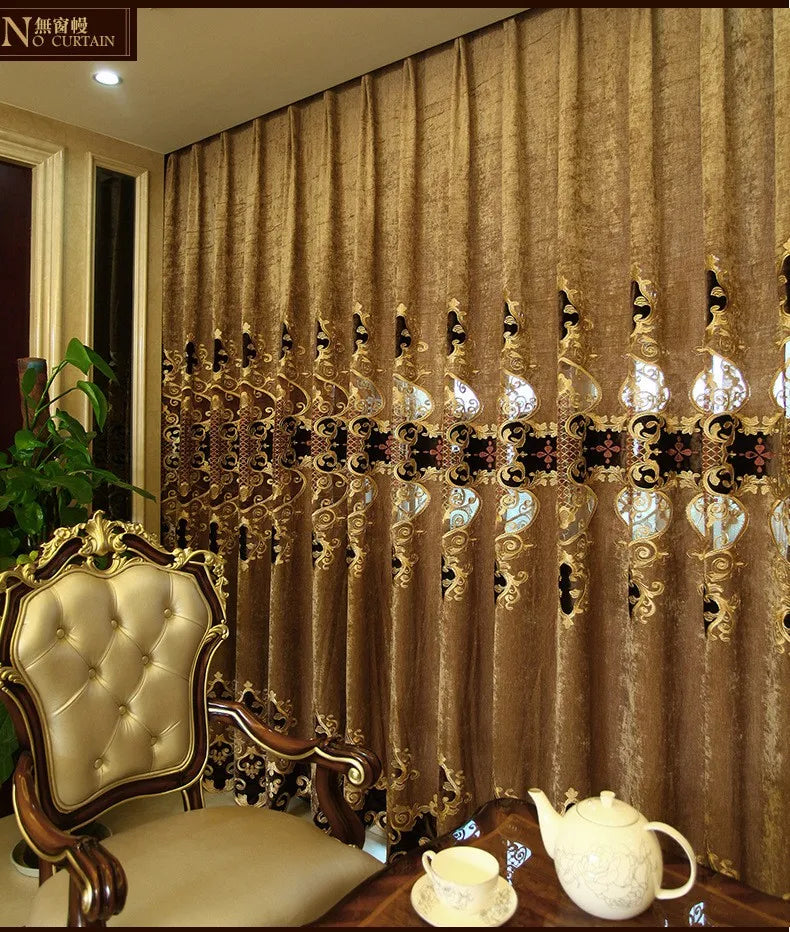 Embroidered Chenille Velvet Curtains for Living Room Bedroom European Modern Brown Gold Sheer Tulle Windows Backdrop Valance