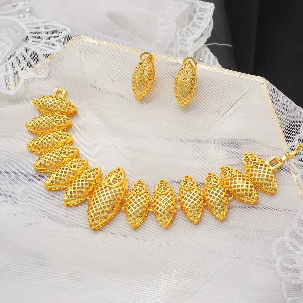 African Gold Color Long Necklace/Earrings/Ring Big Jewelry Set Women Arab Jewelry Wedding Accessories