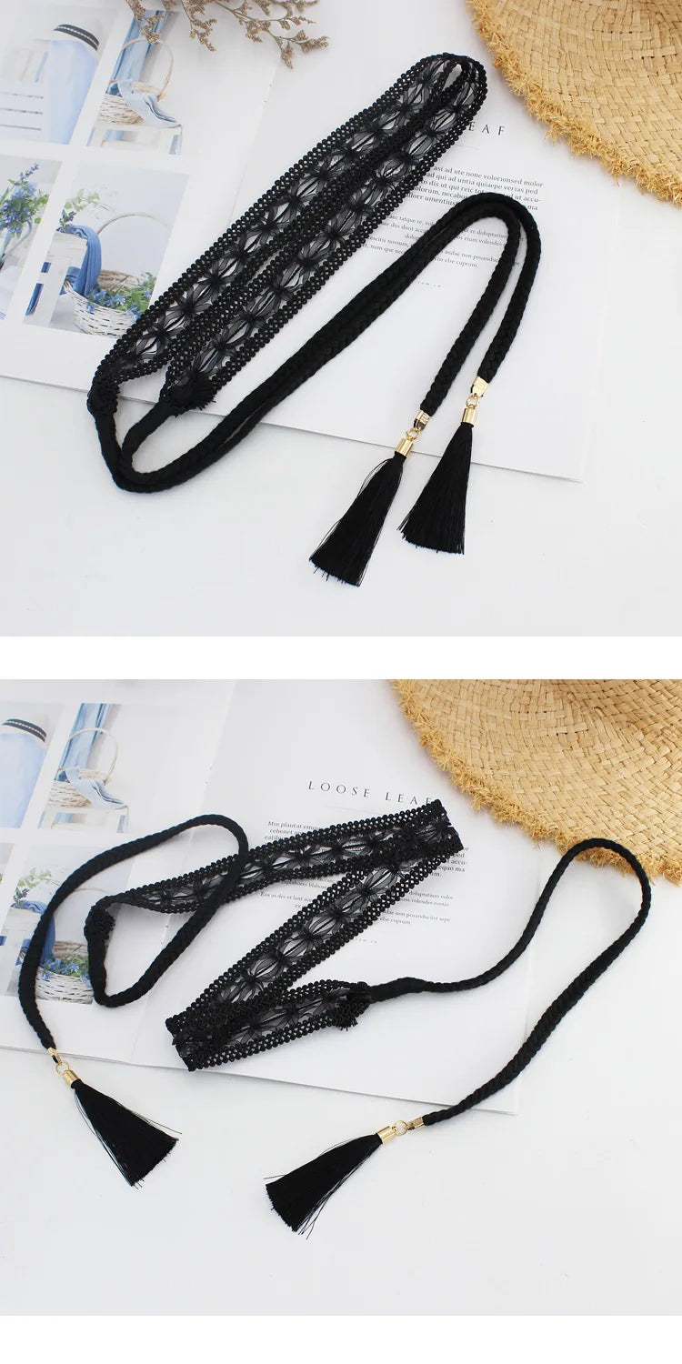 New Women Woven Tassel Belt Braided Waistband Boho Girls Thin Waist Rope Knitted Waist Belts for Dress Waistbands Accessories