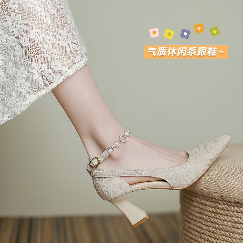Fashion Women's High Heel Sandals Mature Ladies Thick Heel Pointy Toe Shoes Pearls Chain Casual Shoes for Woman Dressy Sandals
